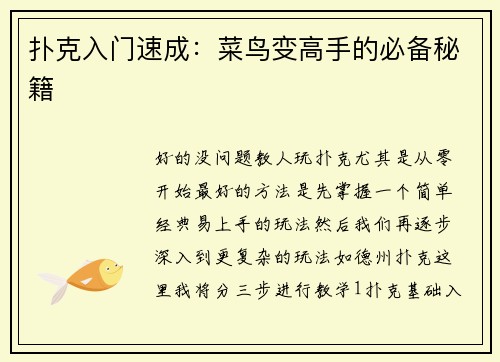 扑克入门速成：菜鸟变高手的必备秘籍